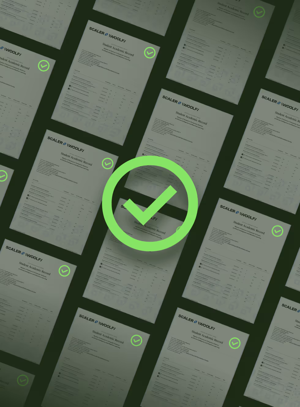 A green checkmark with scaler woolf cards in the background