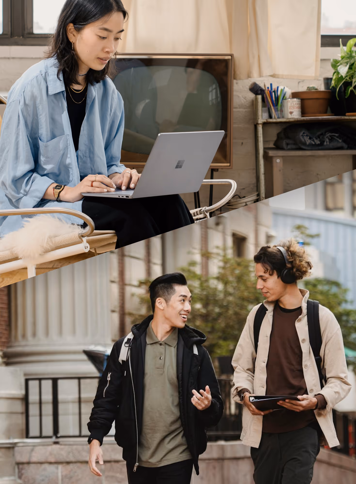 A vertical, split-panel image. The top panel shows a young woman working on a laptop indoors. The bottom panel shows two young men walking outdoors on a city sidewalk.