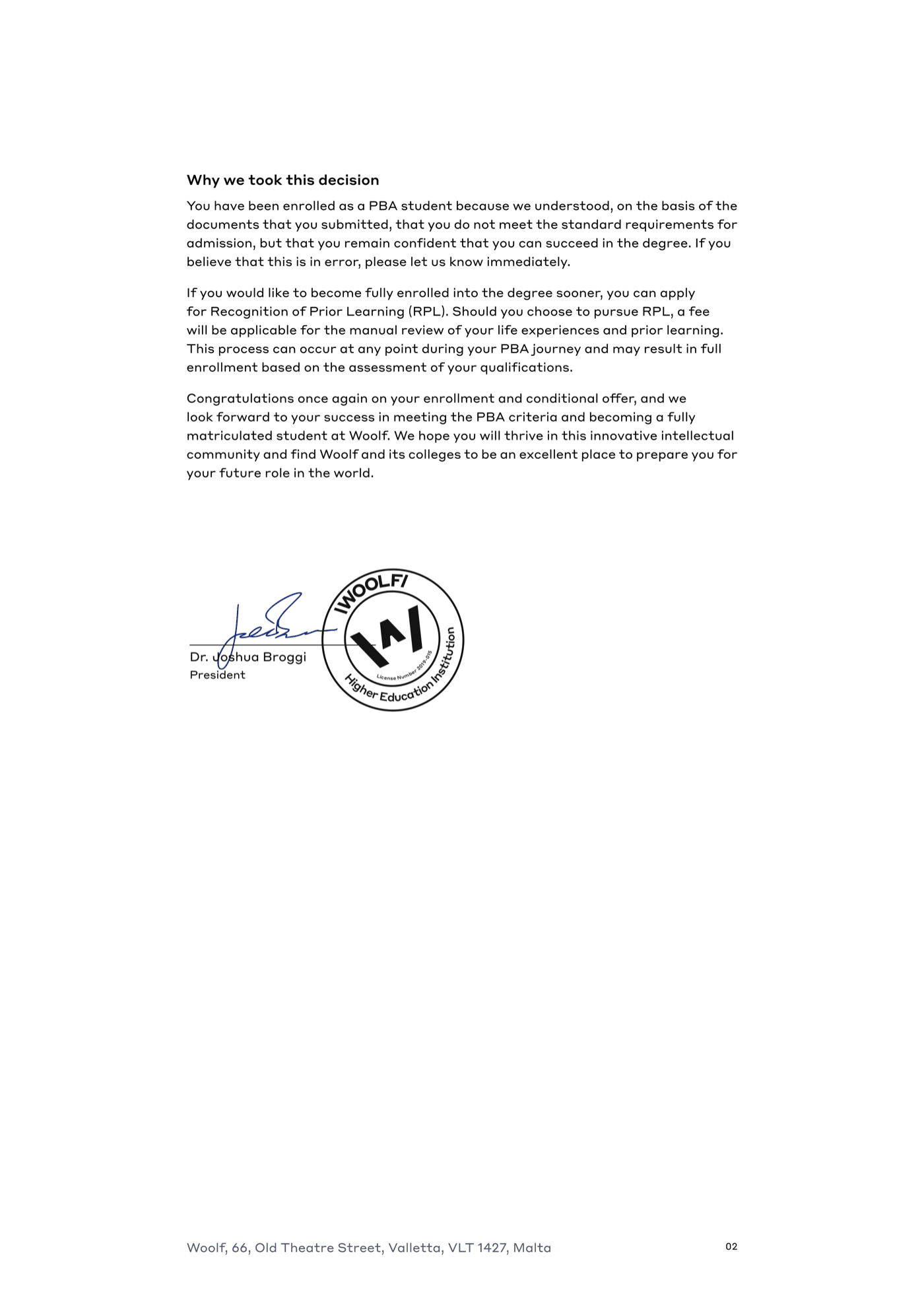 Page two of a sample Woolf PBA enrollment letter, showing the rationale and the signed university stamp
